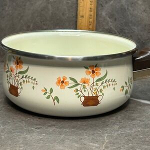 JMP Countryside Collection Enamel Saucepan Floral Basket Made in Spain Vintage